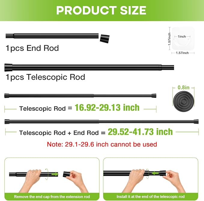 2 Pack Spring Tension Curtain Rod 17-41 Inch Black Tension Rod Extendable - Image 3