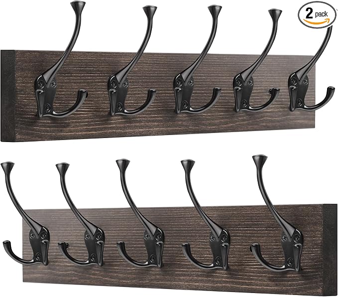 IBosins 2 Pack Coat Rack Wall Mount, Rustic Wooden Metal Coat Hooks Rail by IBosins