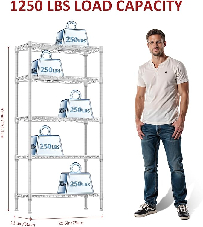 IZEUK 5 Tier White Metal Storage Shelves, Heavy Duty Wire Shelving Rack - Image 3