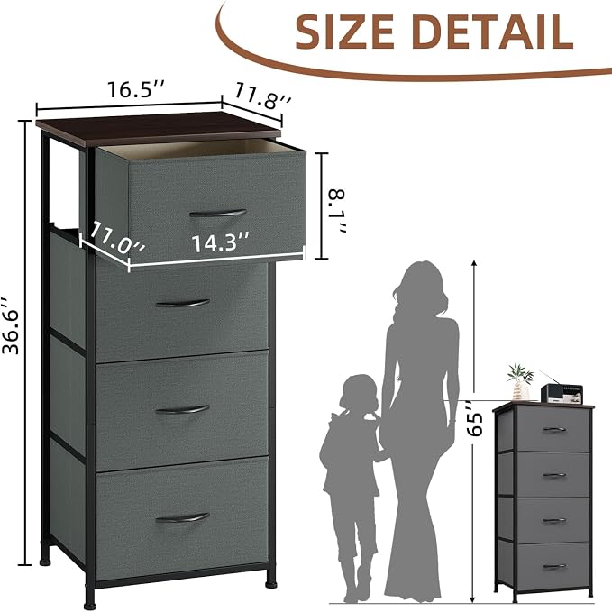 Somdot Dresser for Bedroom, 4 Drawer Storage Cabinet, Charcoal Grey | Tall - Image 3