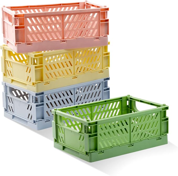 4 Pack Pastel Crates for Storage, Plastic Folding Basket, Colorful Small by Xhwykzz