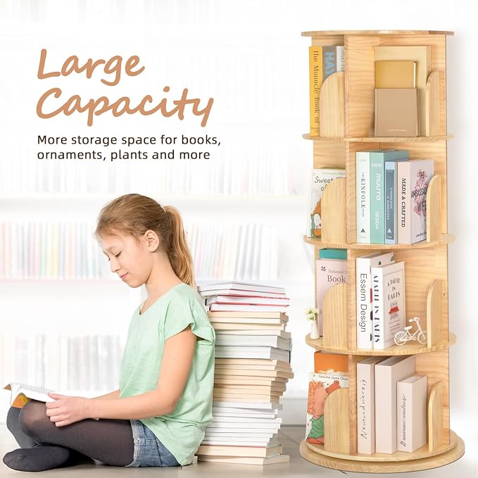 OOOK 4-Tier Solid Wood Rotating Bookshelf, Spinning Bookshelf - Image 7