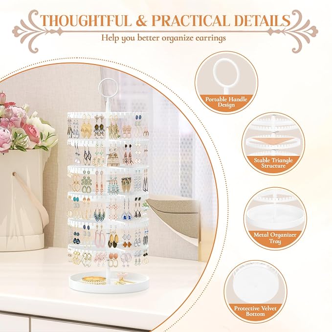 iDavosic.ly 6 Tier Rotating Earring Holder Organizer, Metal Tray, Large - Image 4