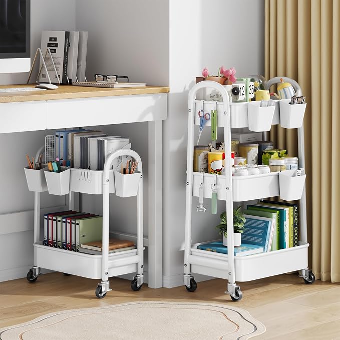 2 Tier Rolling Cart Metal with Wheels, Two Tiered Short Shelf Trolley, Small - Image 5