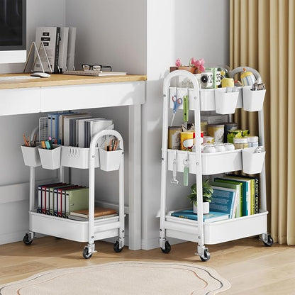 2 Tier Rolling Cart Metal with Wheels, Two Tiered Short Shelf Trolley, Small - Image 5