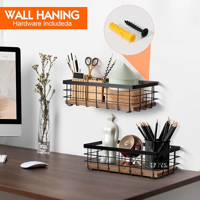 TJ.MOREE Small Metal Wire Basket, Decorative Wood Base Organizer - Image 3