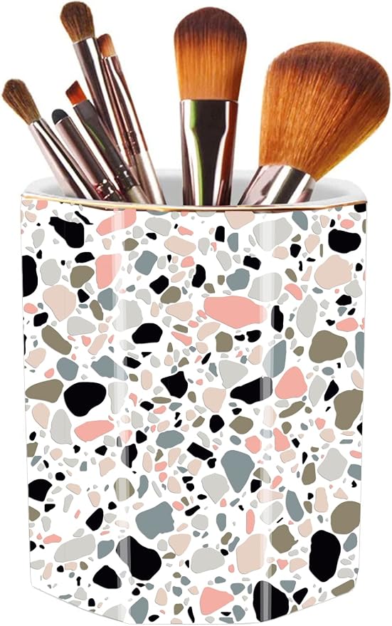 Pen Holder, Makeup Brush Holder Ceramic Shiny Gold Terrazzo Marble Stone by LEAZUL
