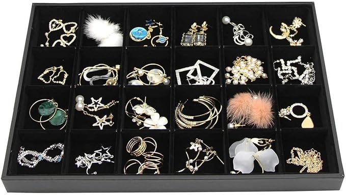 Black Velvet Stackable 24 Grid Jewelry Tray Showcase Display Organizer Holder by Pimuza