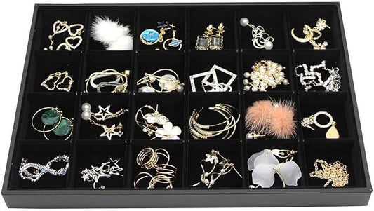Black Velvet Stackable 24 Grid Jewelry Tray Showcase Display Organizer Holder by Pimuza