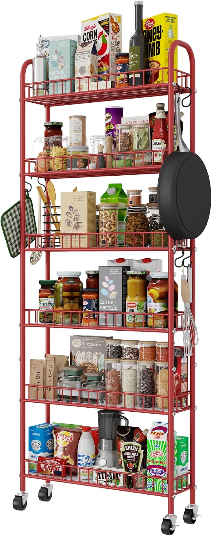 Slim Rolling Storage Cart 6 Tier, Metal Kitchen Rolling Utility Cart by Qiaoxuan