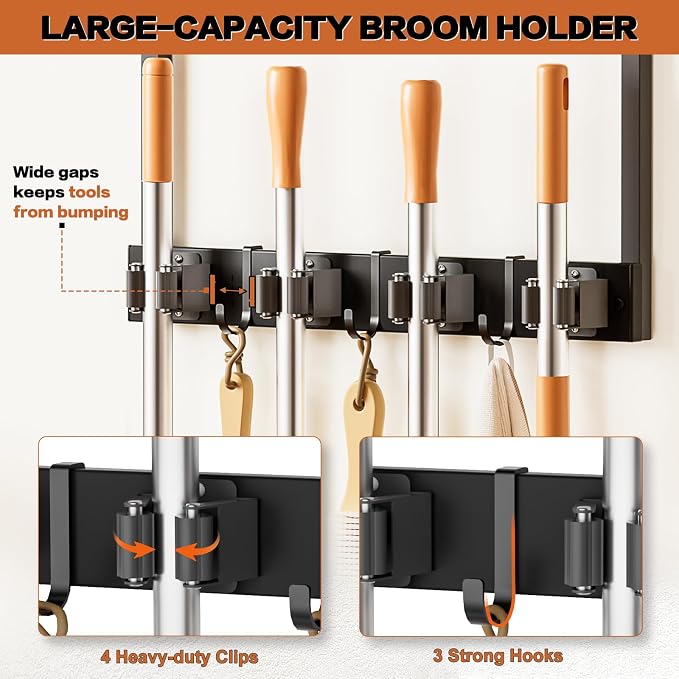 Broom Holder Wall Mount with Cleaning Supplies Organizer, Laundry Room - Image 3