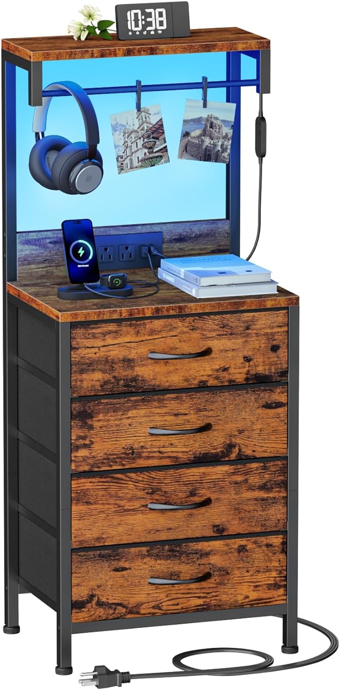 Furnulem Night Stand with Charger Station, Bedside Table with Storage Shelf by Furnulem