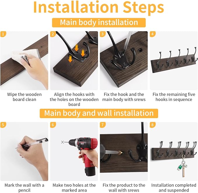 IBosins 2 Pack Coat Rack Wall Mount, Rustic Wooden Metal Coat Hooks Rail - Image 8