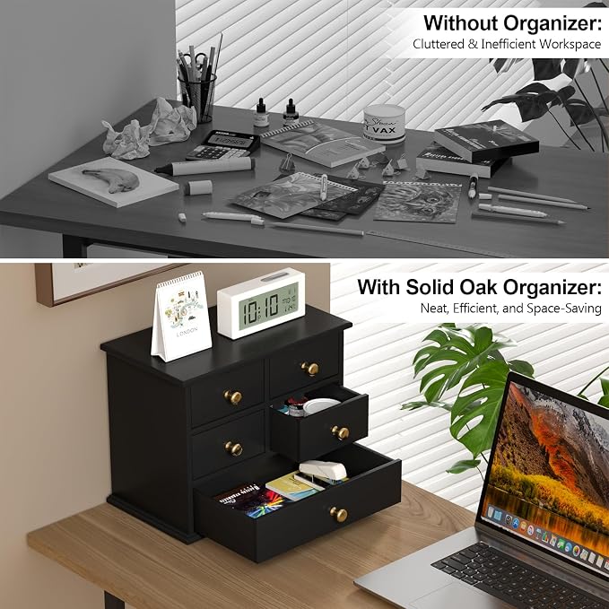 Oak Desk Organizer with Drawers, Durable Wooden Desktop Storage Box | 5 Drawer - Image 5