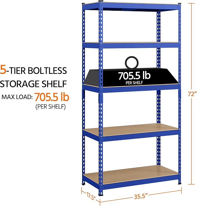 Yaheetech 5-Tier Heavy Duty Storage Shelves 35.5" W x 17.5" D x 72" H Blue | - Image 3