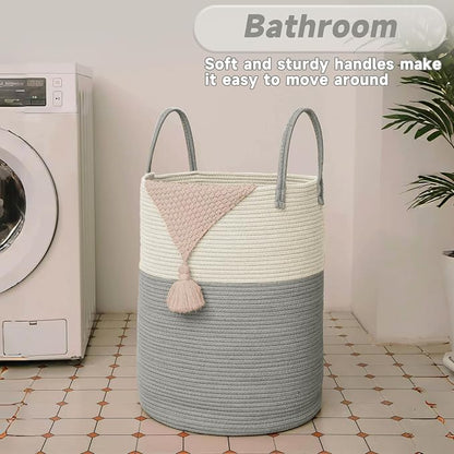 Large Woven Laundry Basket Hamper, 80L Cotton Rope Storage Bin - Image 5