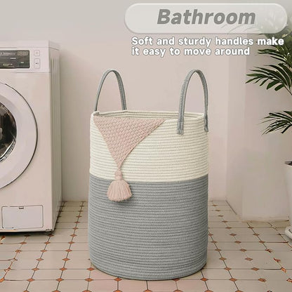 Large Woven Laundry Basket Hamper, 60L Cotton Rope Storage Bin - Image 5