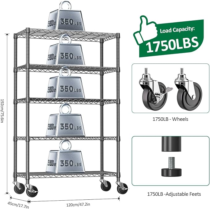 IZEUK 5-Tier Heavy Duty Metal Shelving Unit, Adjustable Steel Wire Storage Rack - Image 3