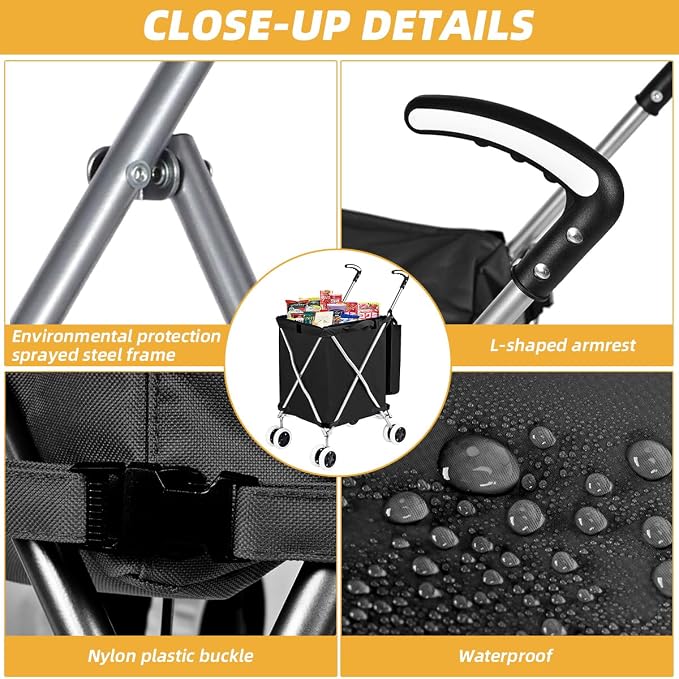Folding Shopping Cart for Groceries, Water-Resistant Heavy-Duty Canvas Trolley - Image 4