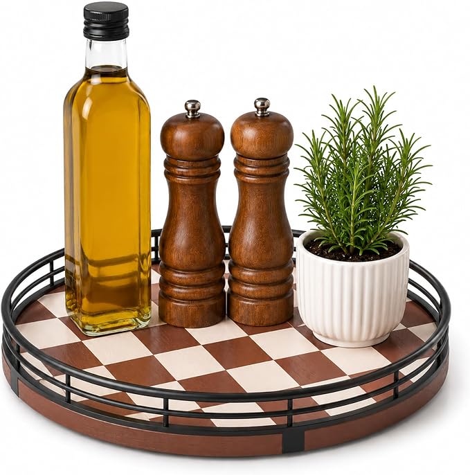 Brown Checkered Lazy Susan Organizer, 9 Inch Rotating Spice Rack by AMH