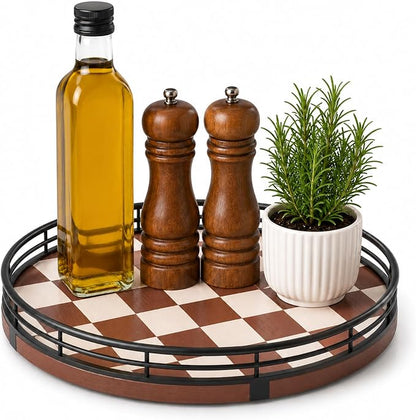Brown Checkered Lazy Susan Organizer, 9 Inch Rotating Spice Rack by AMH