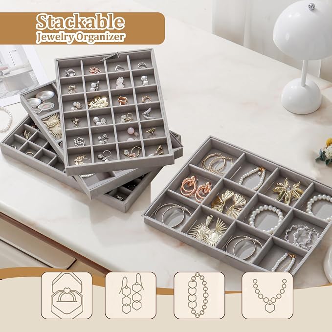 Large Jewelry Drawer Organizer Trays Set of 4, Stackable Velvet Jewelry Trays - Image 4
