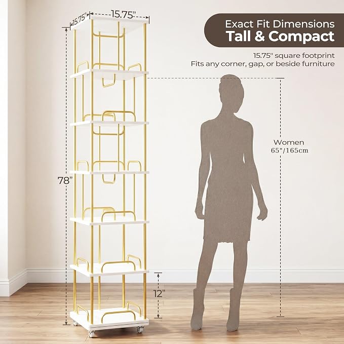 Rotating Bookshelf, 6 Tier Tall Spinning Skinny Book Shelf White | Gold Modern - Image 2