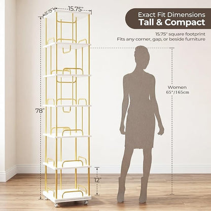 Rotating Bookshelf, 6 Tier Tall Spinning Skinny Book Shelf White | Gold Modern - Image 2