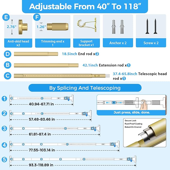 AIZESI 41-118 Inch Heavy Duty Gold Tension Curtain Rod - Image 2