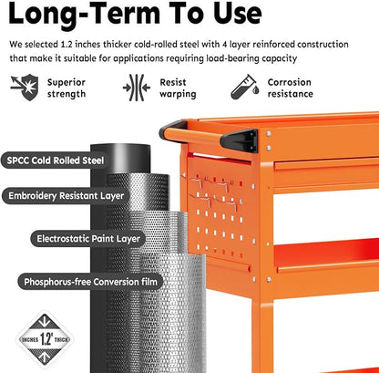 3-Tier Rolling Utility Cart, Metal Heavy Duty Utility Cart on Wheels - Image 4
