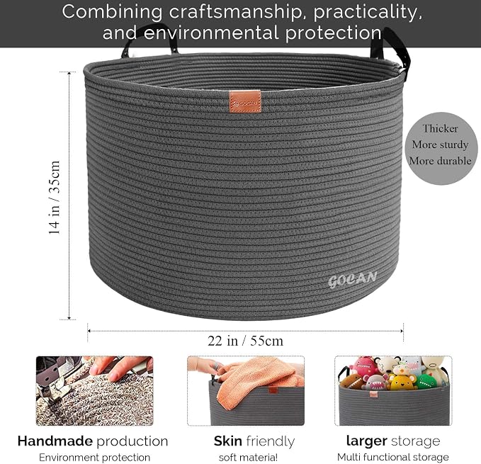Extra Large Storage Laundry Basket 22" X 22"X 14" Cotton Rope Woven Basket - Image 3