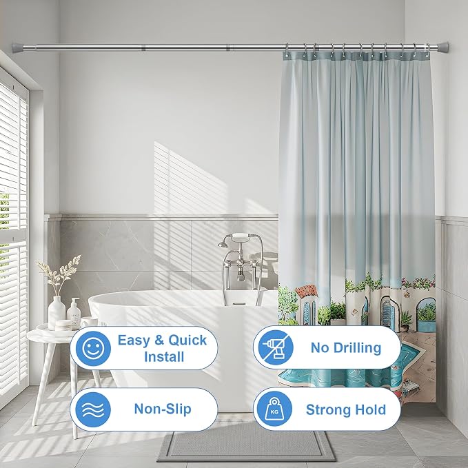 Shower Curtain Rod 45-77 Inch Silver Shower Rod Tension Rod Adjustable Curtain - Image 5