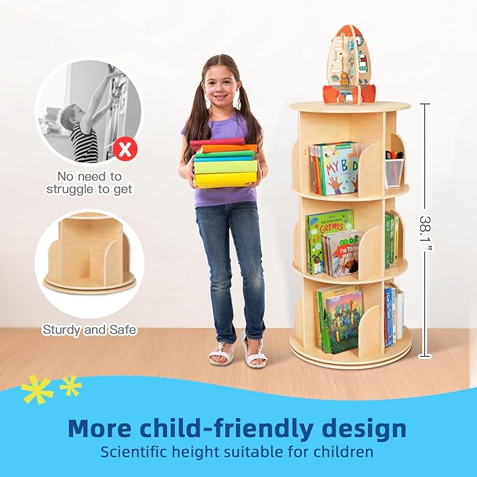 OOOK Kids Rotating Bookshelf, 3 Tier Corner Bookshelf - Image 3
