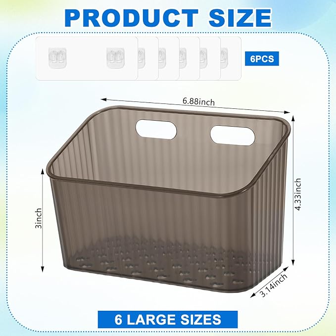 6Pcs Storage Organizer Bins Wall Mounted Organizer Basket Large Size Clear - Image 2