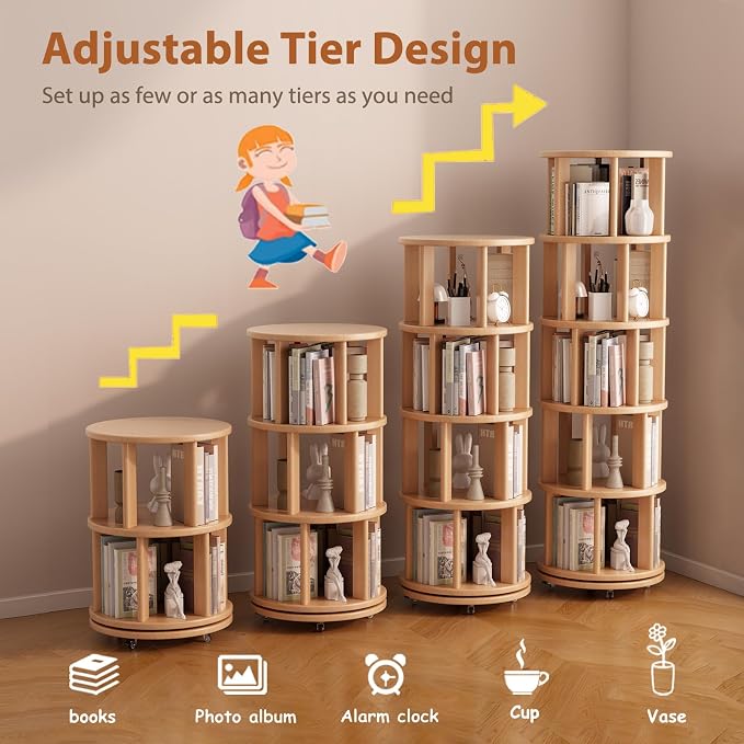 Solid Wood Rotating Bookshelf on Wheels, 5 Tier, Round Revolving Bookcase - Image 7