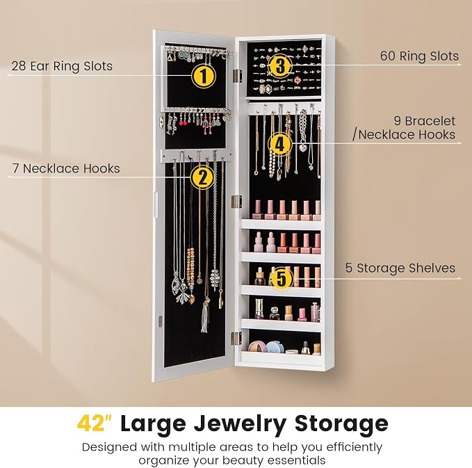LOKO 42” Mirrored Jewelry Cabinet, Wall/Door Mounted Hanging Jewelry Armoire - Image 6