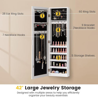 LOKO 42” Mirrored Jewelry Cabinet, Wall/Door Mounted Hanging Jewelry Armoire - Image 6