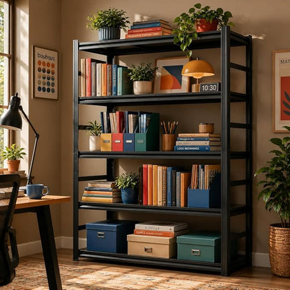 5 Tier Metal Bookshelf, Adjustable Tall Bookcase, Heavy Duty 3000 LBS Modern - Image 2