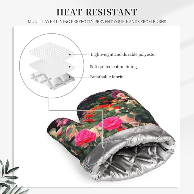 Roses Garden Print Oven Mitts Set of 2, Heat Resistant Silicone Oven Mittens - Image 5