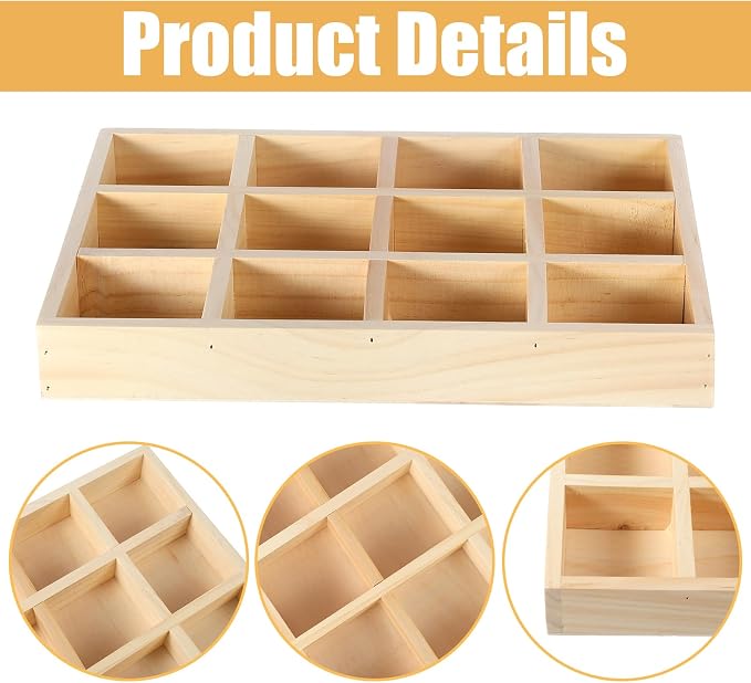 2 Pack Wooden Sorting Tray Grid Display Wood Divided Organizer Rectangular - Image 3