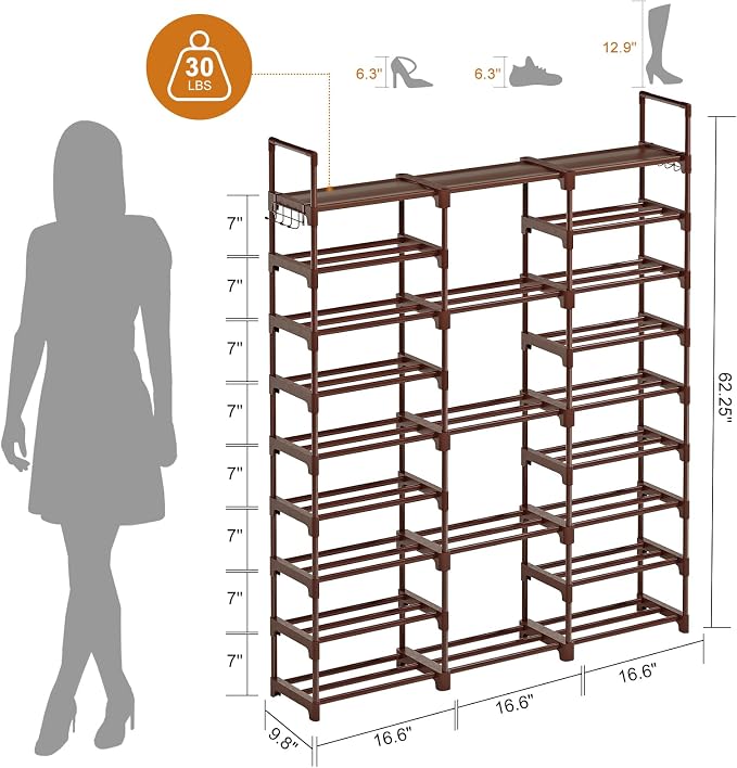WOWLIVE 9 Tier 3-Column Shoe Rack, 50-55 Pairs Stackable Brown | 50in long - Image 3