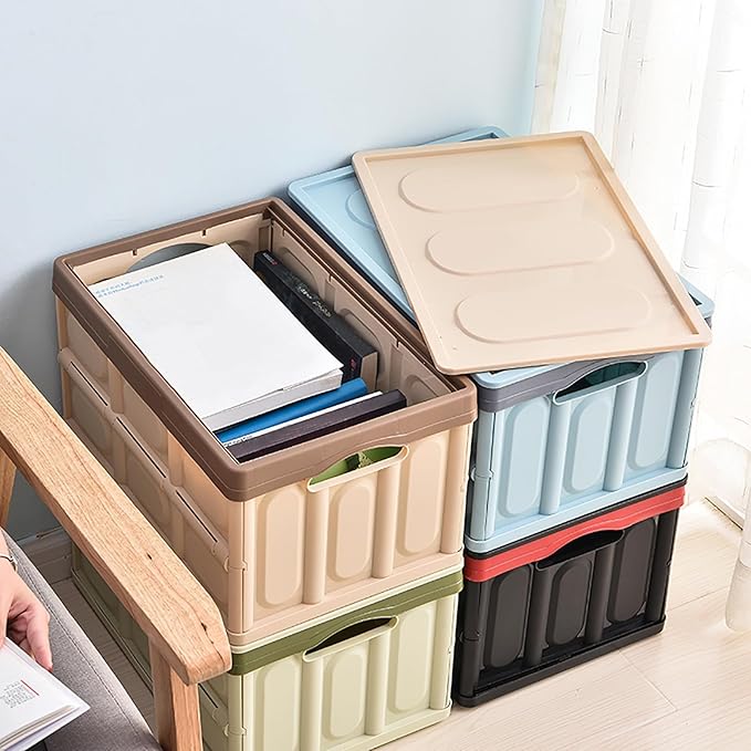 Collapsible Storage Box with lid 30L Lidded Storage Bin Crates Plastic Tote - Image 6