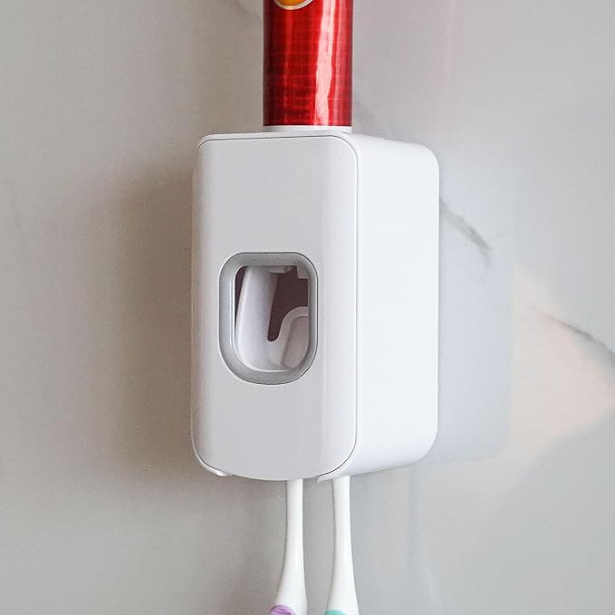 2 Slot Toothbrush Holder and Toothpaste Dispenser Wall Mounted, Automatic by LUEXBOX