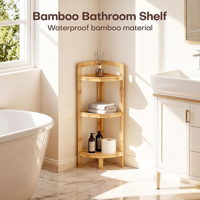 2026 New Bamboo Standing Shelf, 3 Tier Corner Shelf Stand, Free-Standing Shelf - Image 4
