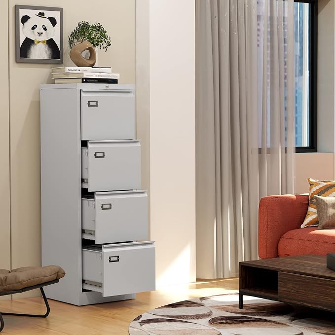 File Cabinets - 4 Drawers Vertical 17.8" Deep Lockable Filing Cabinet - White - Image 6