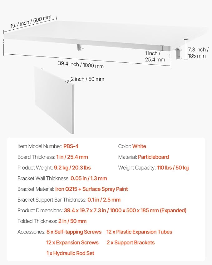 VEVOR Wall Mounted Folding Table, 39.4 x 19.7 inches Wall Mount Table, Floating - Image 2