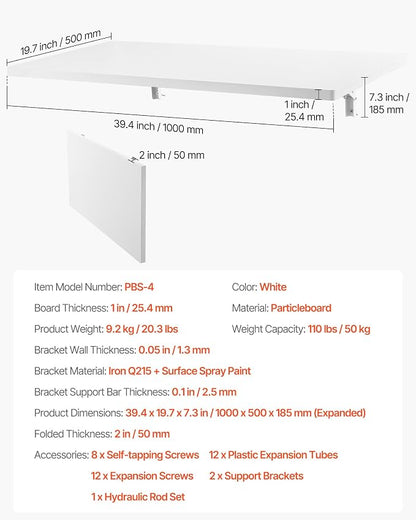 VEVOR Wall Mounted Folding Table, 39.4 x 19.7 inches Wall Mount Table, Floating - Image 2