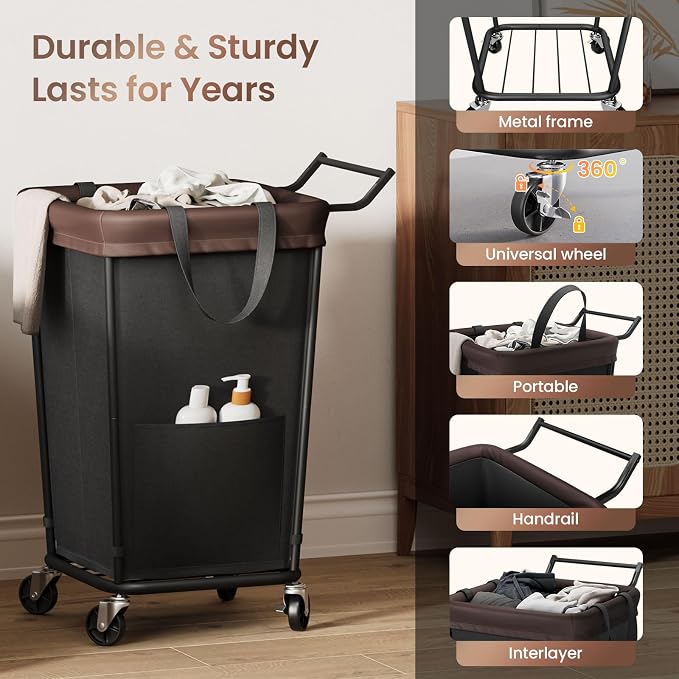 160L Laundry Hamper with Wheels and Handle, 2-Section Rolling Hamper - Image 6