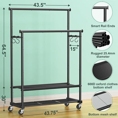 Double Rods Clothes Rack for Hanging Clothes, Heavy Duty Rolling Clothing Rack - Image 2