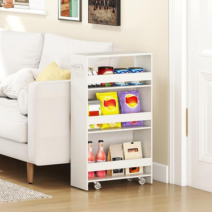 Small Kitchen Cart, 4-Tier Slim Rolling Island w/Handle, Laundry Room Storage - Image 3